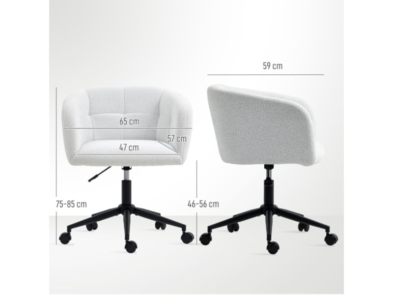  Chaise de bureau rembourrée en peluche, design baquet, à roulettes, acier, crème et noir  - Conforama C