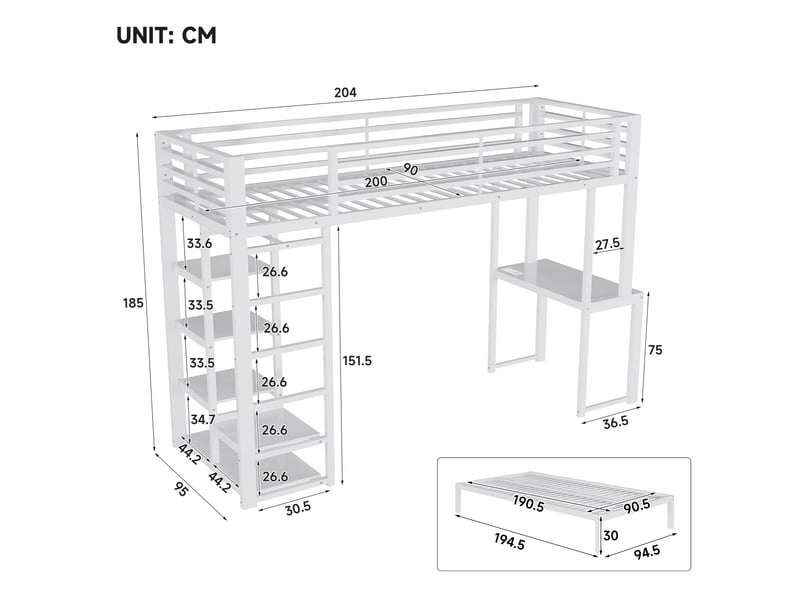  Lit superposé enfant 2 places 90×200 cm lit mezzanine lit simple en fer avec bureau ports usb armoire ouverte étagères, blanc  - Conforama W