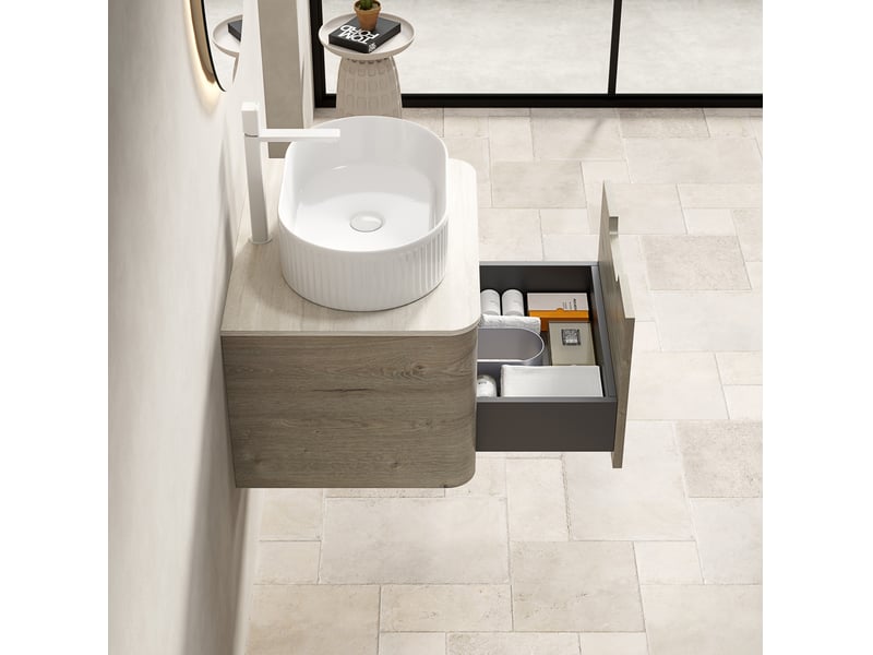  Meuble sous vasque suspendu avec 1 tiroir à fermeture amortie et vasque ovale pour salle de bain 60 × 46 × 50,2 cm  - Conforama D
