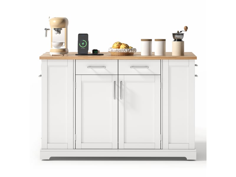  Îlot de cuisine mobile 138 × 86 × 92 cm blanc et naturel, mdf, plateau rabattable, prises eu, usb, type-c et bac coulissant  - Conforama A