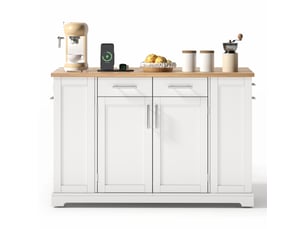 Îlot de cuisine mobile 138 × 86 × 92 cm blanc et naturel, mdf, plateau rabattable, prises eu, usb, type-c et bac coulissant