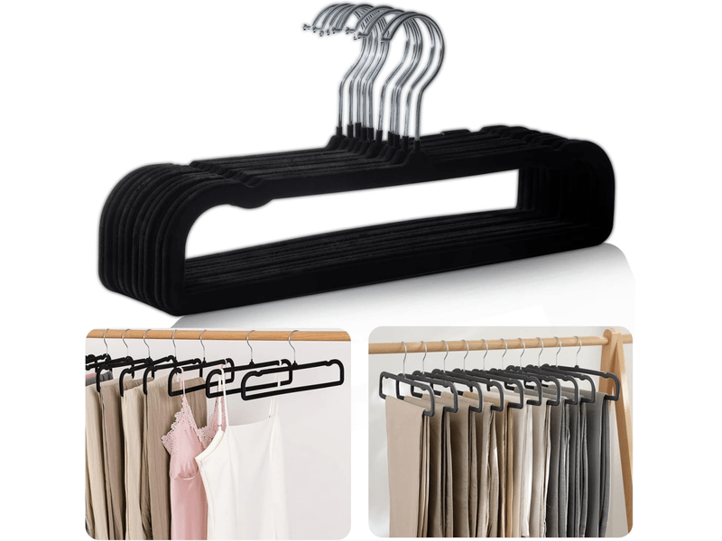 Lot de 10 cintres antidérapants en velours, longueur 35 cm, crochet pivotant à 360 degrés, gain de place, pour pantalons, jeans, foulards, robes, noir - Conforama A
