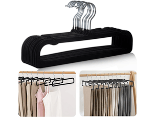 Lot de 10 cintres antidérapants en velours, longueur 35 cm, crochet pivotant à 360 degrés, gain de place, pour pantalons, jeans, foulards, robes, noir