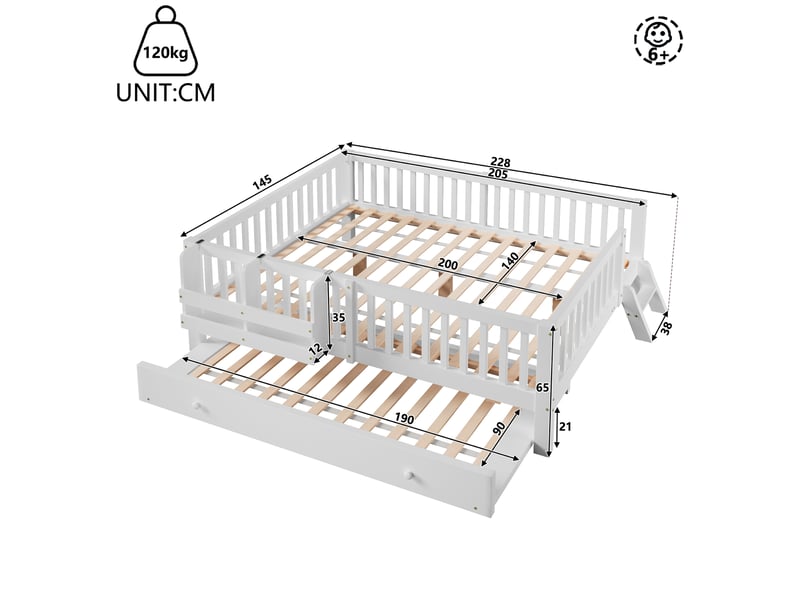 Lit gigogne enfant 140x200 cm avec couchage 90x190 cm, barrières de sécurité et rangement, structure en pin et mdf, blanc OPULERANE TRADING LTD - Conforama C
