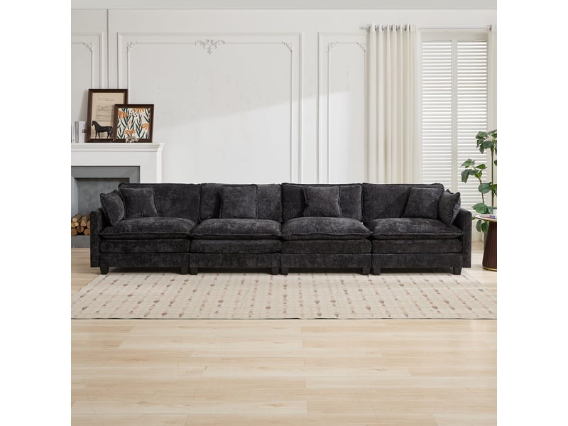  Canapé 4 places en chenille noire, canapé modulable avec coussins d'appui pour salon et appartement ,pouf non inclus  - Conforama D