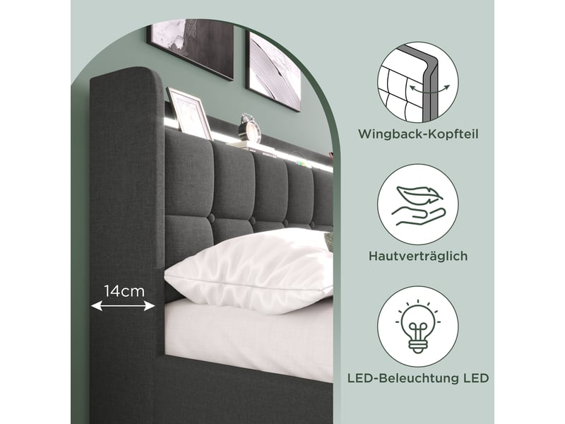  Lit double 180x200 gris, lit avec 4 tiroirs et tête de lit connectée  - Conforama C