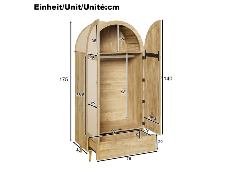  Armoire moderne 79x50x175 cm, grande capacité avec tiroirs et portes, meubles de chambre, revêtues de tissu, mdf, chêne  - Conforama C