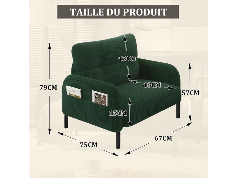  Fauteuil 1 place en velours côtelé vert émeraude avec poches latérales  - Conforama C