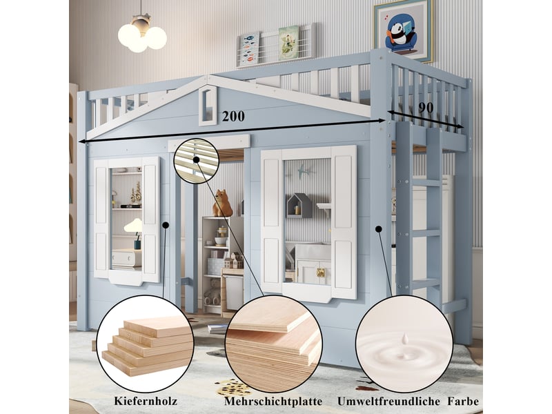  Lit mezzanine bleu 90x200 cm, pin, mdf et contreplaqué, échelle réversible, fenêtres et espace libre sous le couchage  - Conforama E