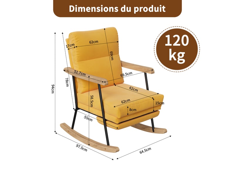  Fauteuil à bascule,rocking chair avec avec repose-pieds extensibles,scandinave,pieds en bois massif,coton et lin,jaune,64x97x94cm  - Conforama D