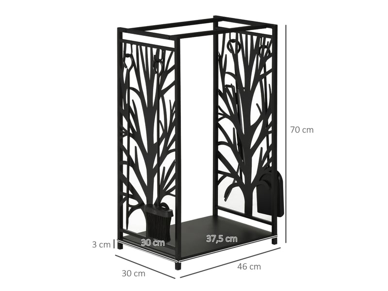 Porte-bûches en acier noir, serviteur 2 en 1 avec étagère et 4 accessoires, 46 x 30 x 70 cm - Conforama E