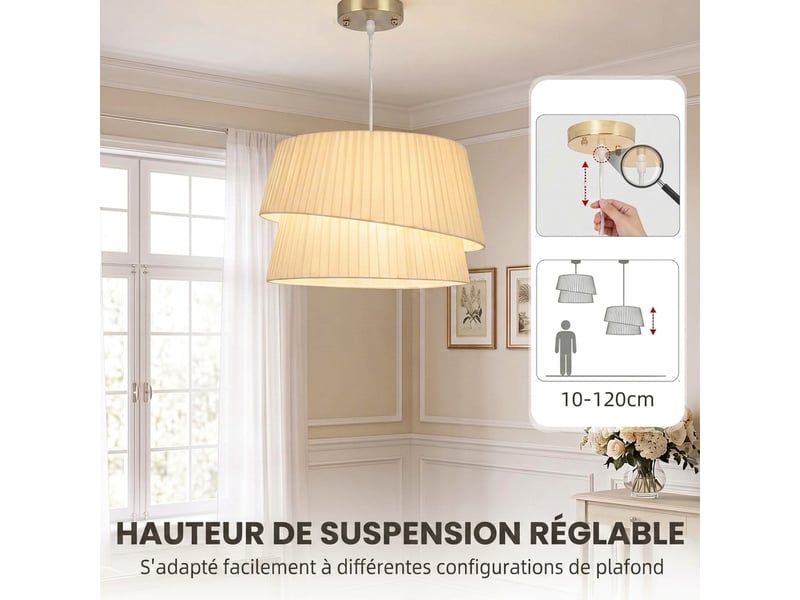 Suspension luminaire élégante à double abat-jour, rosace dorée, câble réglable, ampoule non incluse e14 40 w, blanc - Conforama R