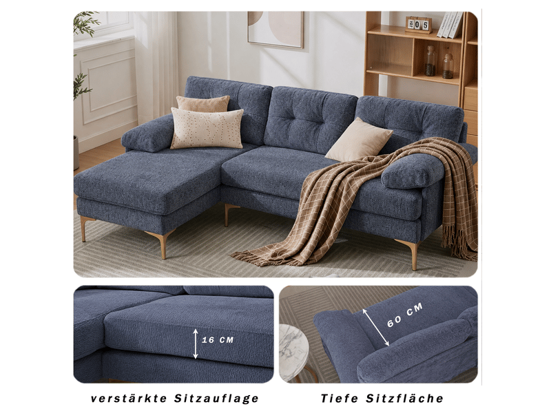 Canapé d’angle réversible 3 places méridienne interchangeable - accoudoirs rembourrés chenille bleu - Conforama E
