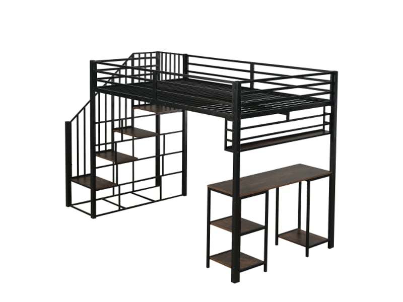 Lit mezzanine 120x200 cm avec bureau, étagère de rangement, sans matelas, cadre de lit en métal, noir et bois foncé - Conforama E