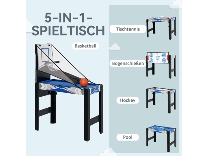  Table de jeu 5 en 1, billard, ping-pong, hockey, basket, tir à l’arc, mdf, bleu  - Conforama D