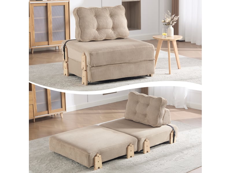  Fauteuil convertible 1 place avec couchage, dossier rembourré et pieds en bois, velours côtelé kaki  - Conforama E