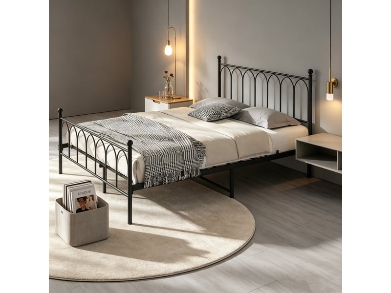 Lit 2 places 140x200 cm en métal, design rustique, avec sommier à lattes et espace de rangement sous le lit, noir - Conforama B