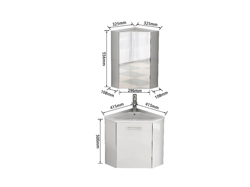  Meuble salle de bain d'angle blanc brillant avec lavabo en céramique et miroir, 41.5x41.5x50cm  - Conforama E