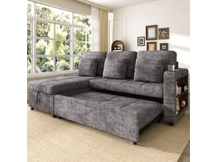 Canapé d'angle convertible 3 places en chenille avec coffre, porte-gobelets et étagère, beige