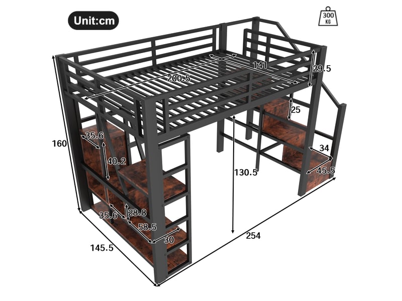  Lit mezzanine 140 × 200 cm avec rangements, marches intégrées et led, sans matelas, en métal et mdf, noir  - Conforama E