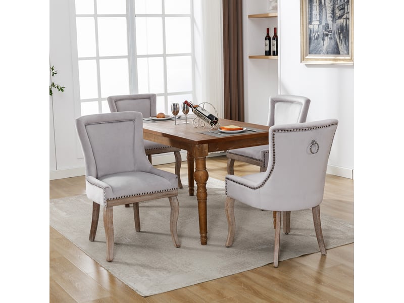  Lot de 4 chaises de salle à manger en velours gris avec pieds en bois et clous décoratifs  - Conforama B