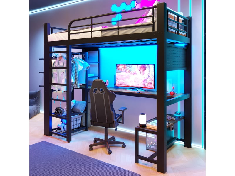  Lit mezzanine 90x200 cm avec bureau, led et rangements noir  - Conforama D