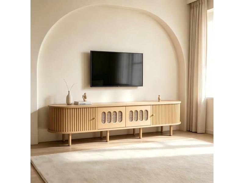  Meuble tv 180x40x40 cm - meuble bas ovale effet rotin avec 2 portes battantes, 2 portes coulissantes, mdf, pour tv jusqu’à 75 pouces - bois clair  - Conforama E