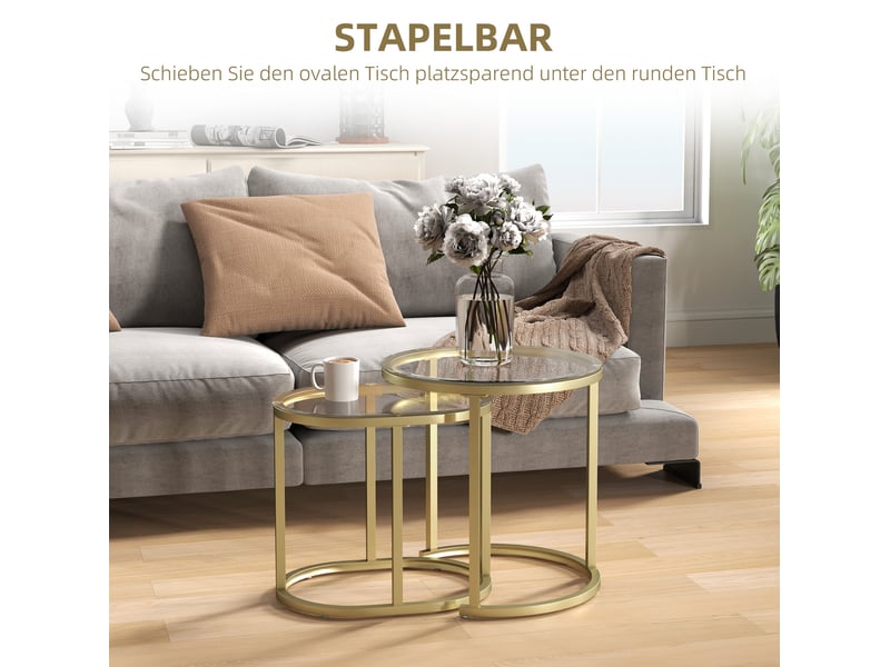 Tables basses gigognes lot de 2 avec plateaux en verre trempé et pieds réglables, en acier doré pour salon et chambre - Conforama D