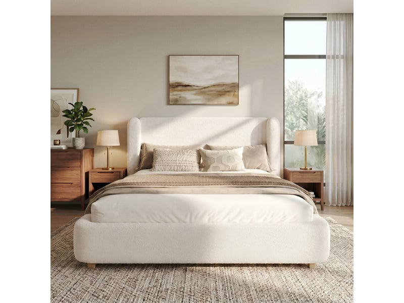  Lit coffre bouclé beige avec tête de lit enveloppante 140 x 200 cm Fay Lum - Conforama D