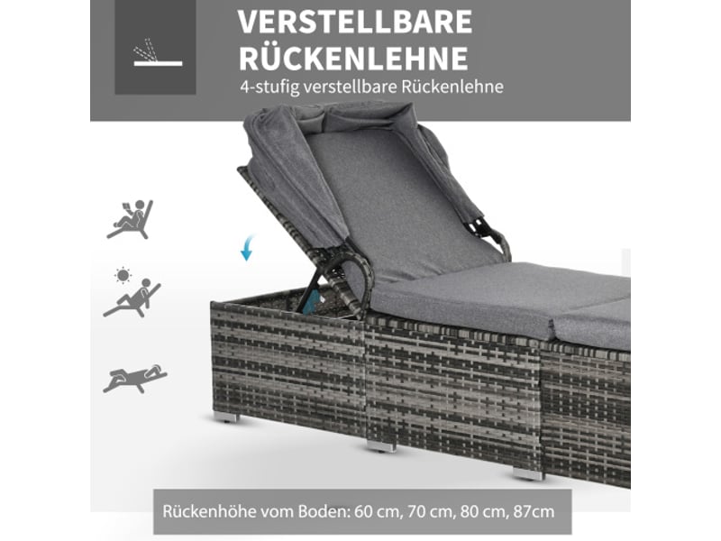Chaise longue de jardin en résine tressée grise, pare-soleil réglable, coussin, 195 x 65 x 40 cm - Conforama D