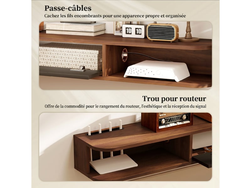  Meuble tv suspendu, meuble télé pour téléviseur jusqu'à 75 pouces, tiroir rabattable, 2 étagères, noyer, 180x24x16cm  - Conforama R