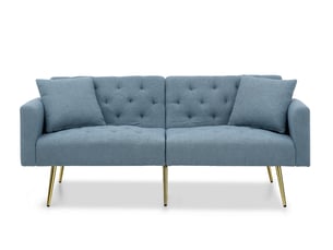 Canapé convertible 2 places avec dossier réglable  - 3 positions, 2 coussins, pieds en métal, tissu teddy bleu
