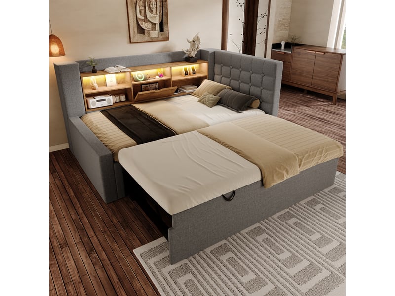  Lit avec rangement en lin et métal gris 90x200 cm  - Conforama D