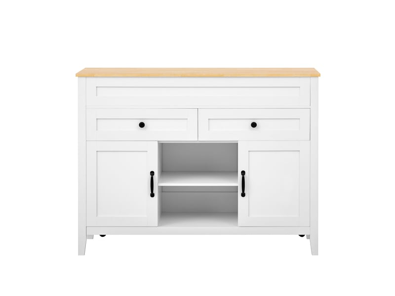 Îlot de cuisine avec table escamotable muvano, blanc et aspect bois clair, 120 × 40–76 × 92 cm  - Conforama A