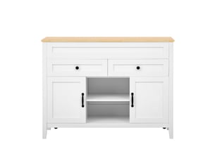 Îlot de cuisine avec table escamotable muvano, blanc et aspect bois clair, 120 × 40–76 × 92 cm