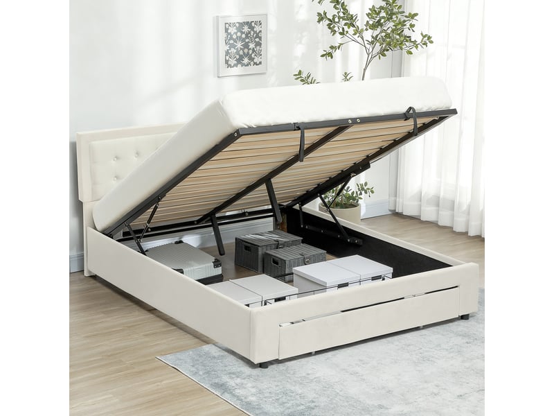  Cadre de lit double sommier coffre à vérins, tiroir à roulettes, tête de lit réglable capitonnée effet velours, crème  - Conforama C