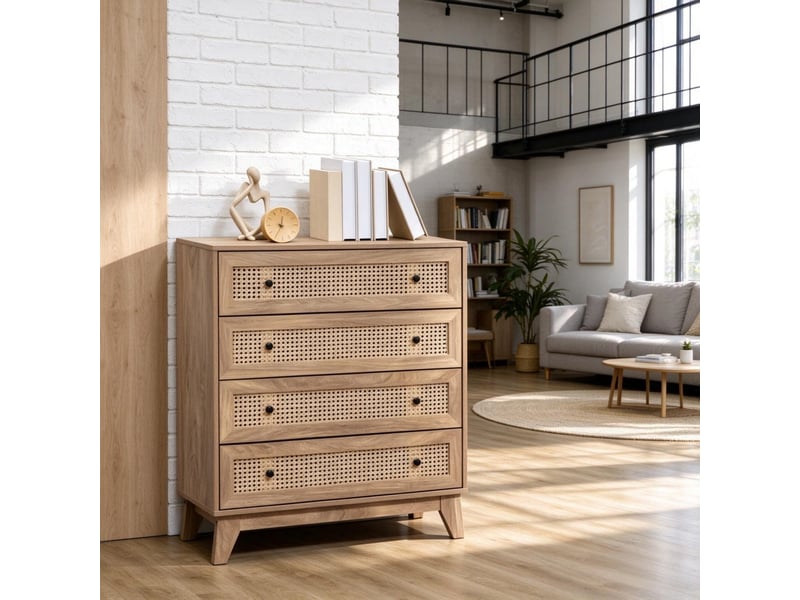  Commode à 4 tiroirs, 80 x 35 x 95 cm, façades en cannage de rotin et pieds surélevés, naturel, effet bois clair  - Conforama D