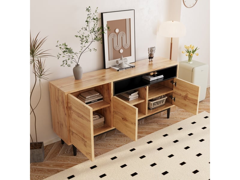  Buffet moderne en bois avec trois portes et étagères, 160 x 35 x 76 cm, design peu encombrant  - Conforama E