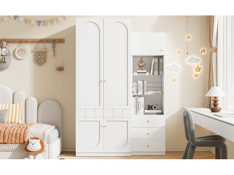  Armoire avec vitrine et penderie avec 2 portes, étagères et tiroirs pour chambre en mdf blanc laqué  - Conforama D