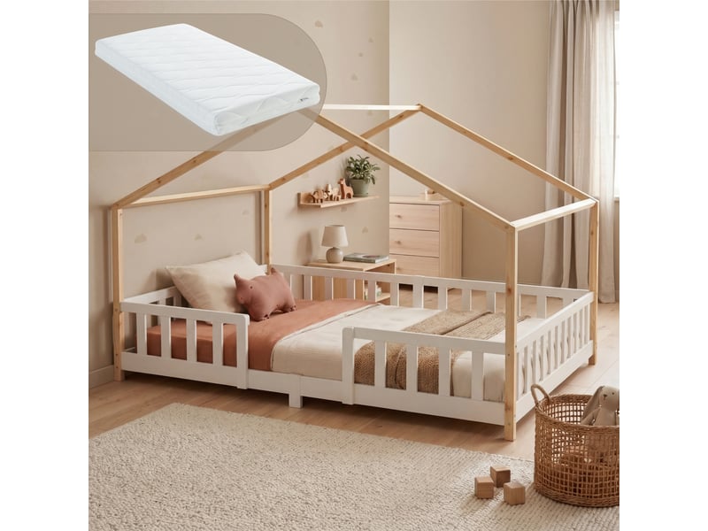  Lit d'enfant en forme de maison treviolo avec matelas 120 x 200 cm bois de pin blanc naturel [en.casa] Treviolo - Conforama B