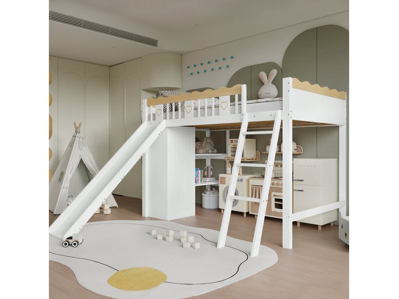  Lit mezzanine enfant avec toboggan, armoire et rangement blanc et naturel 90 x 200 cm  - Conforama C