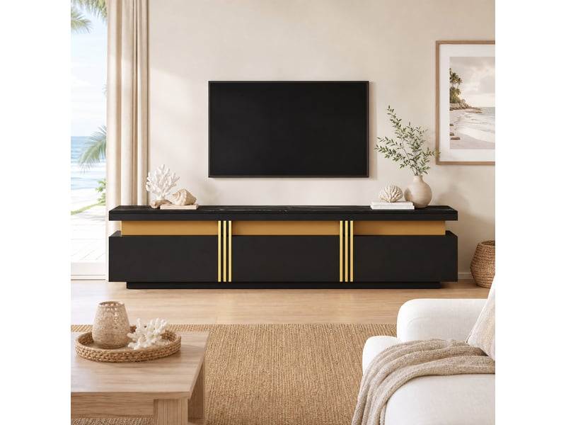  Meuble tv avec 3 tiroirs et passe-câbles, finition effet marbre noir, panneaux de particules, 200 × 40 × 42 cm  - Conforama D