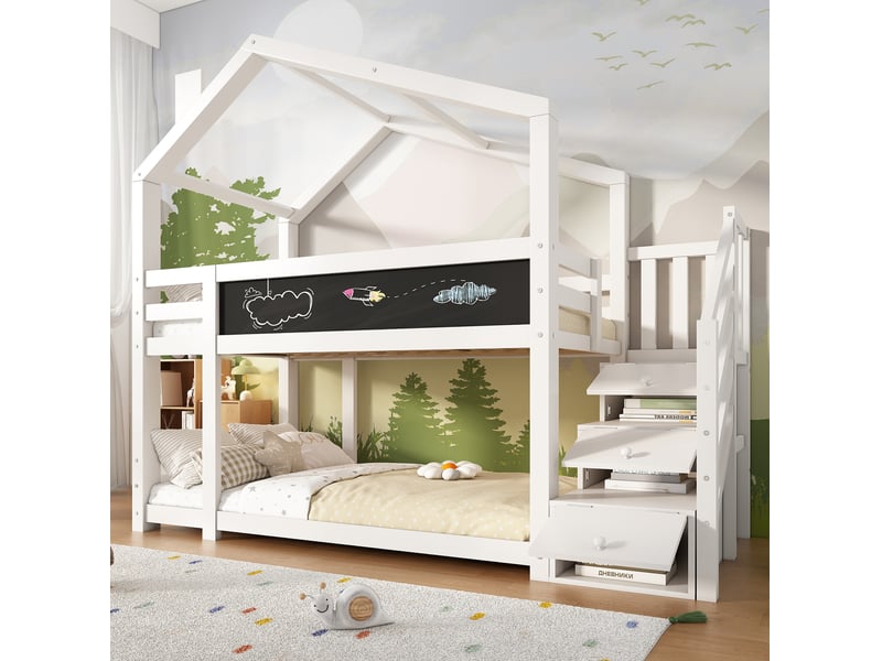  Modenvie lit superposé enfant cabane 90x200 cm - avec rangements, tableau et sommier inclus - blanc  - Conforama D