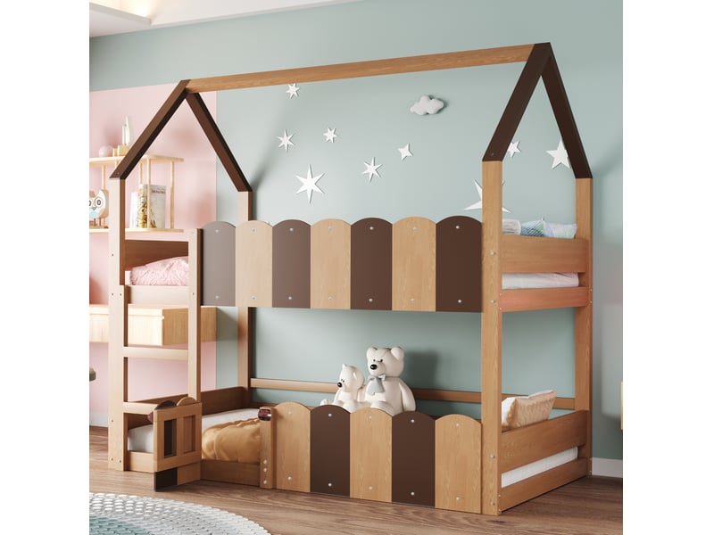  Lit superposé enfant 90x200 cm, avec forme de maison, barrières surélevées, un seul sommier, bois naturel, sans matelas  - Conforama D