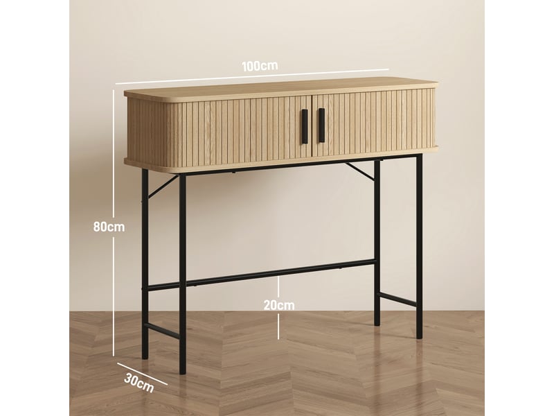  Console meuble, table console avec portes coulissantes à lattes et pieds en acier, chêne et noir, pour salon  - Conforama C