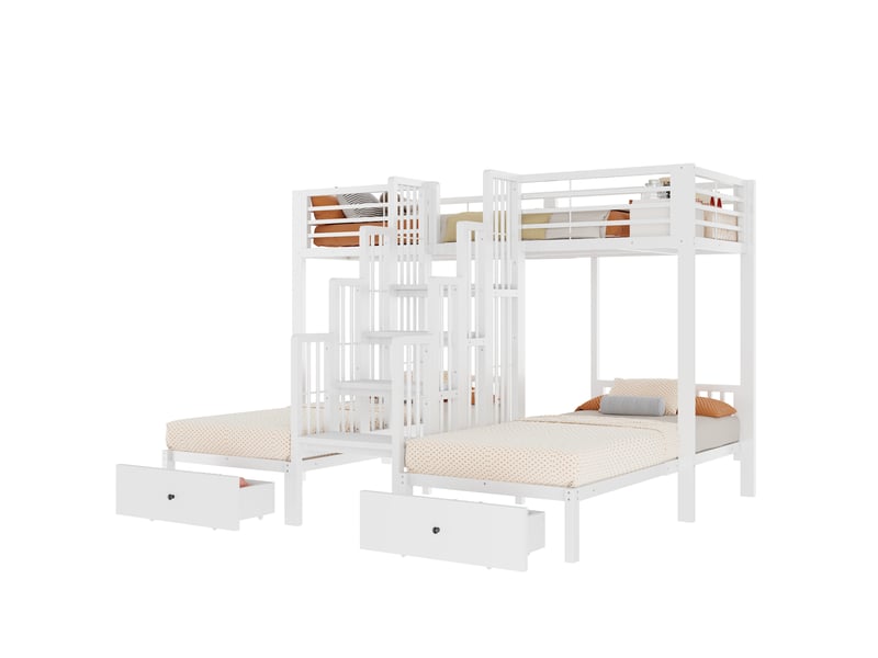Lit superposé triple 90x200 cm avec escalier, tiroirs et barrières, blanc, sans matelas - Conforama A