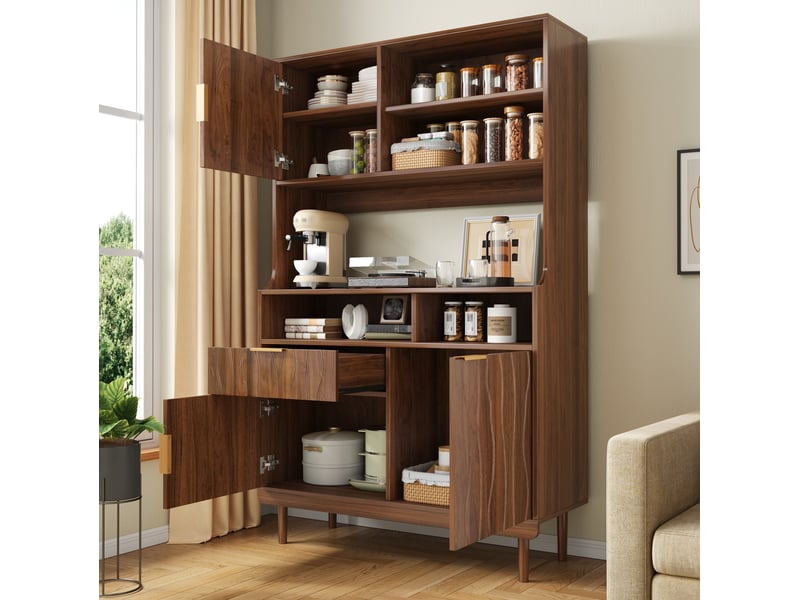  Buffet de cuisine haut avec tiroir, rangements fermés et niches ouvertes, façade ondulée, noyer, 100 × 32 × 170 cm  - Conforama C