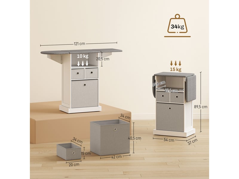  Meuble de rangement pour table à repasser à roulettes, table à repasser pliable, 3 tiroirs en tissu, 121 x 37 x 89,5 cm, blanc  - Conforama E