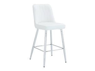 Lot de 2 tabourets de bar blancs en simili cuir avec pieds en métal argenté, hauteur 100 cm, pour îlot de cuisine.