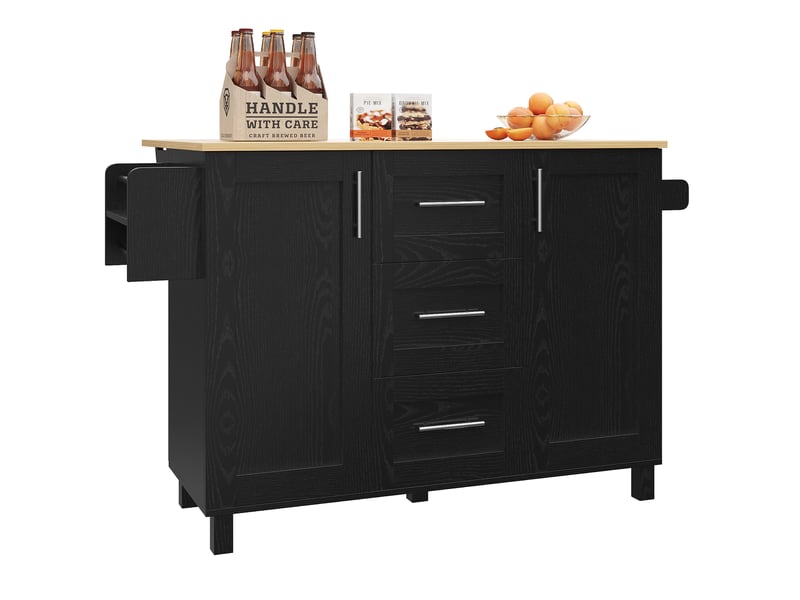  Îlot de cuisine 135x46x90.8cm, desserte avec 2 portes, 3 tiroris, plateau pliable, espace de rangement, roulette, mdf noir  - Conforama W